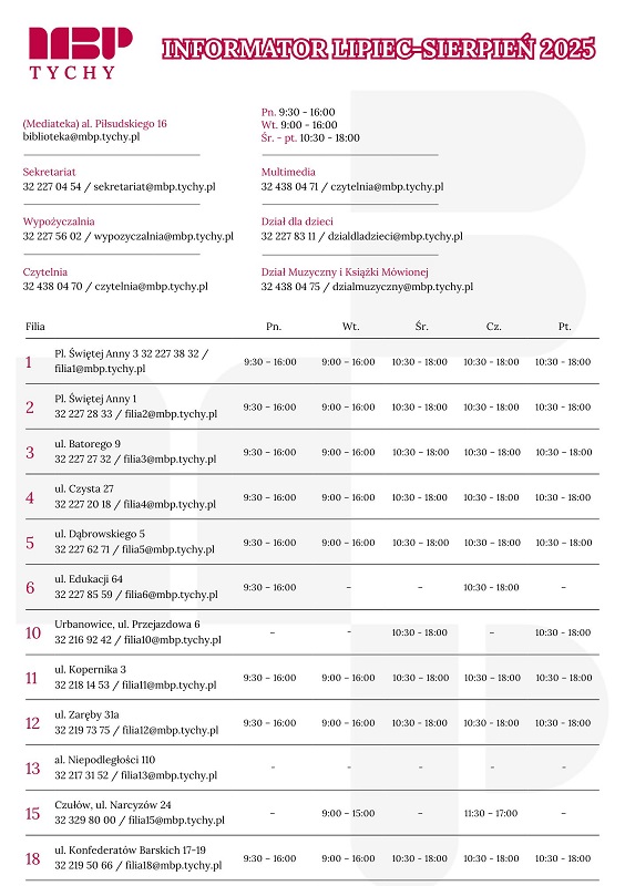 Zmienione godziny otwarcia MBP Tychy w lipcu i sierpniu – sprawdź szczegóły!