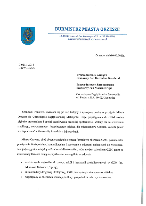Burmistrz Orzesza ponownie apeluje o przyjęcie do Górnośląsko-Zagłębiowskiej Metropolii