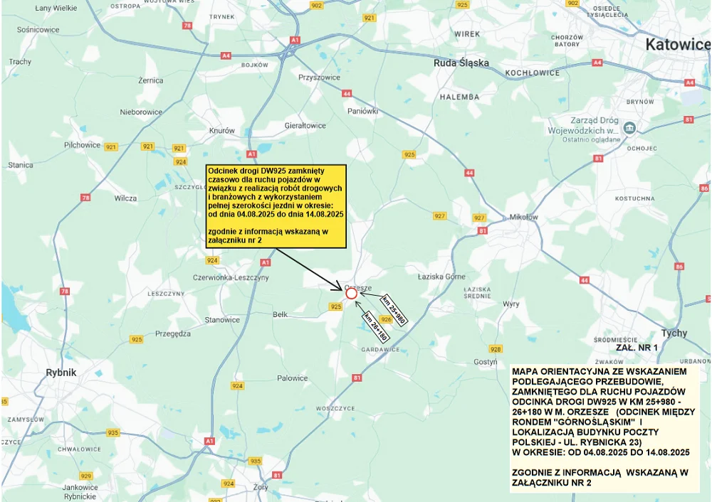 DW925 w Orzeszu całkowicie zamknięta od 4 do 14 sierpnia