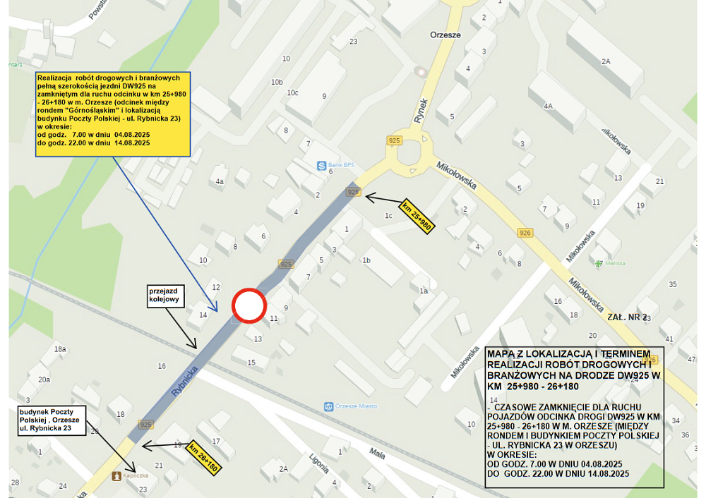 DW925 w Orzeszu całkowicie zamknięta od 4 do 14 sierpnia
