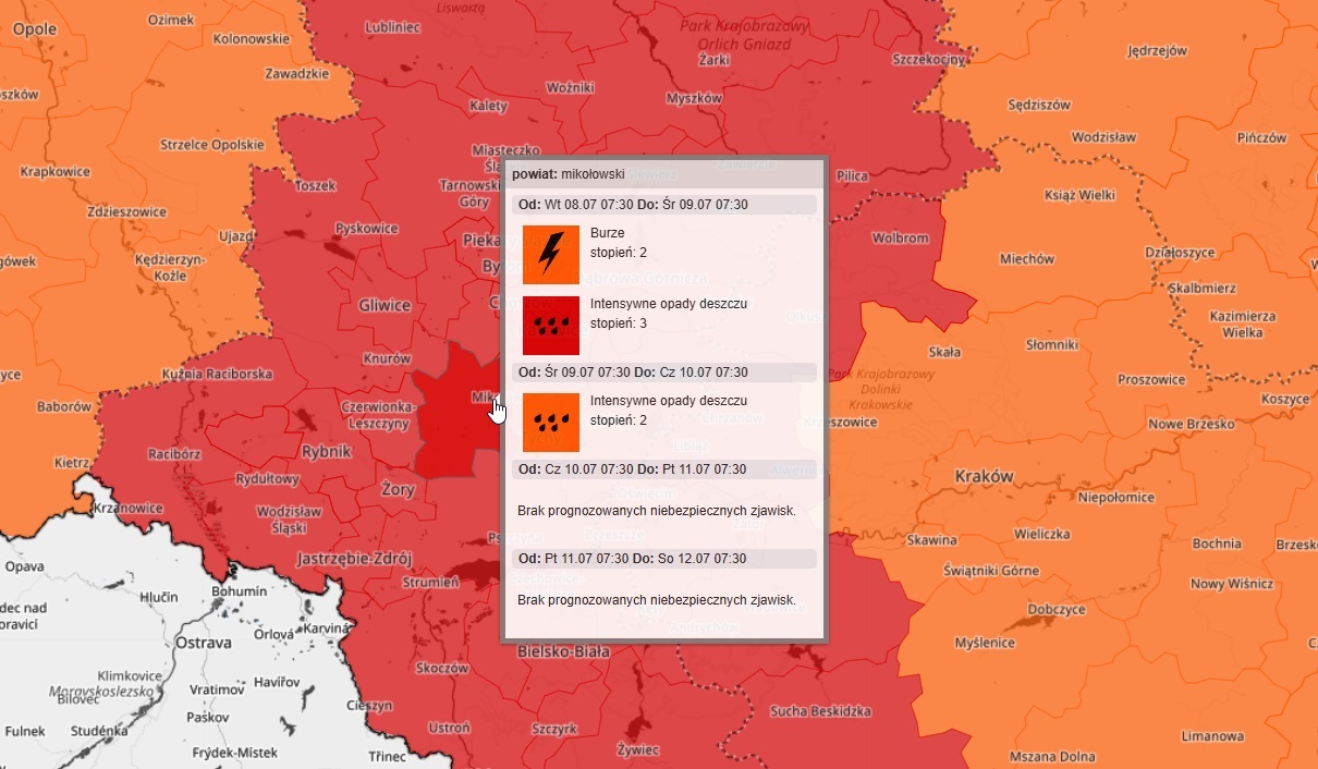 Ostrzeżenia meteorologiczne dla powiatu mikołowskiego – burze i intensywne opady deszczu