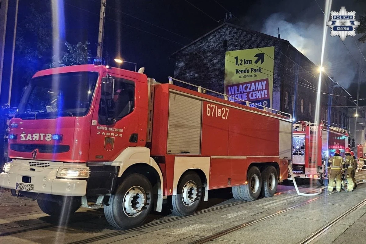 Pożar w Chorzowie – policjanci ewakuowali mieszkańców, uratowali psa i zatrzymali sprawcę podpalenia