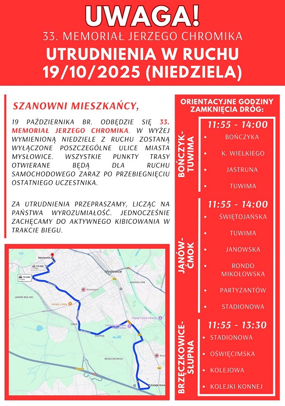 Utrudnienia w ruchu w Mysłowicach podczas 33. Memoriału Jerzego Chromika
