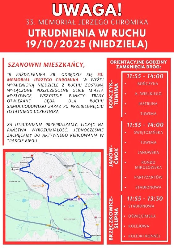 Utrudnienia w ruchu w Mysłowicach podczas 33. Memoriału Jerzego Chromika