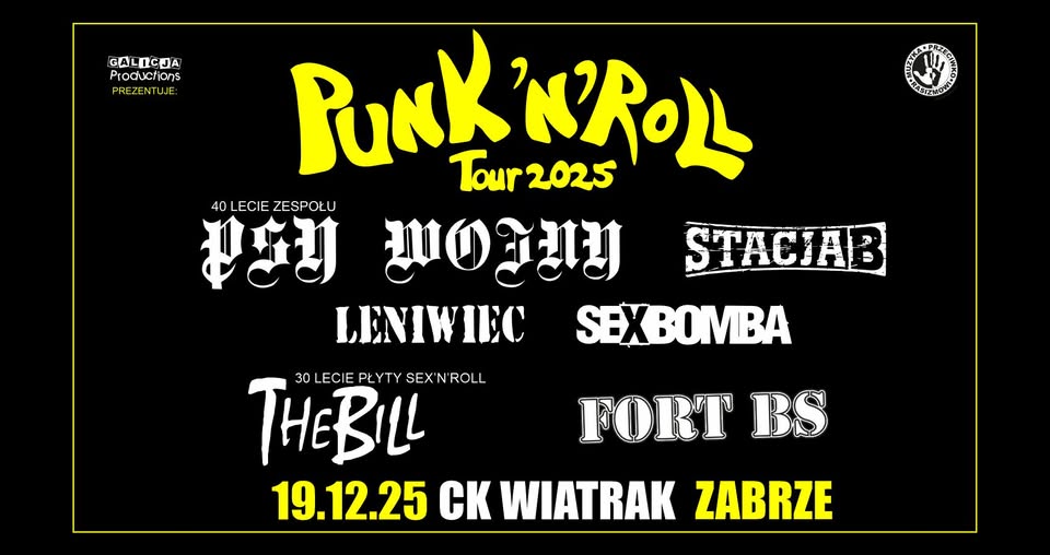 Punk’n’Roll Tour 2025 The Bill, Leniwiec, Stacja B, SexBomba, Psy Wojny, Fort Bs