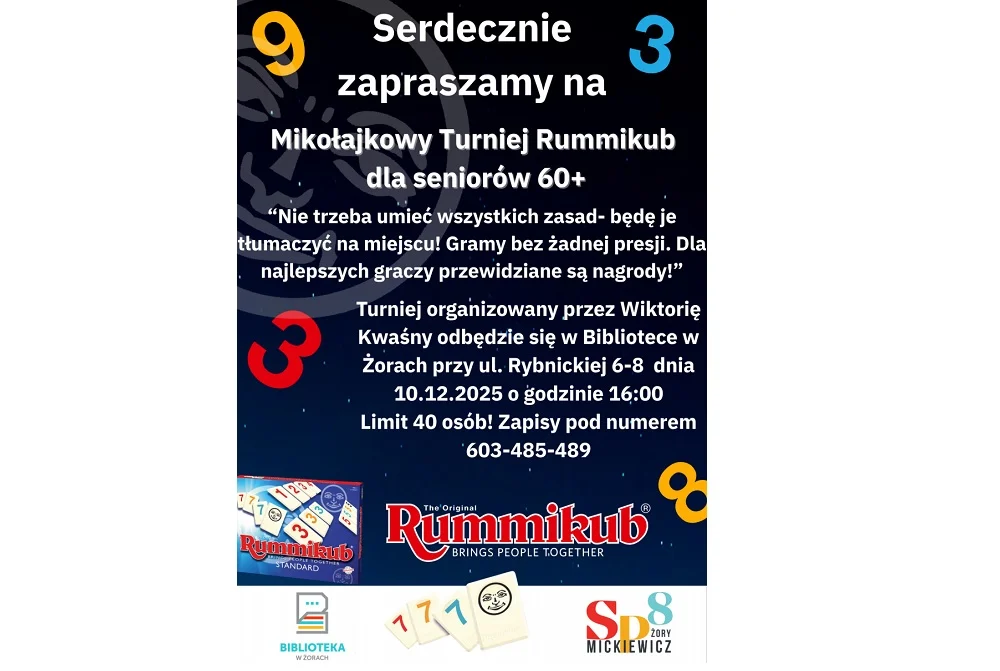 Mikołajkowy Turniej Rummikub dla seniorów 60+ w Żorach
