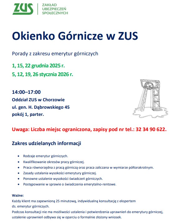 Częstsze porady w „Okienku Górniczym” w ZUS w Chorzowie i „Dzień otwarty dla górników”