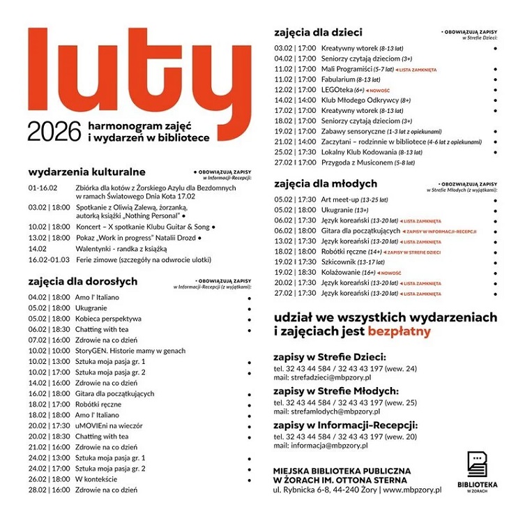Harmonogram lutowych wydarzeń i zajęć w Żorskiej bibliotece / fot. MBP Żory