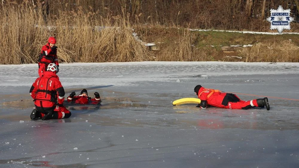 Ćwiczenia służb na zamarzniętym zbiorniku. Policjanci szkolili ratownictwo lodowe