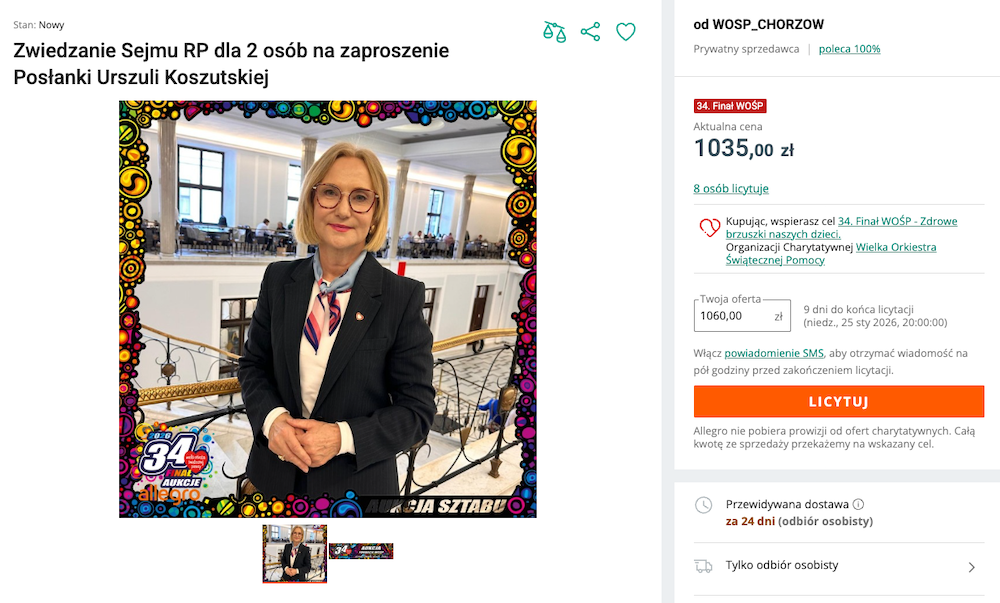Zaproszenie do Sejmu od posłanki z Rudy Śląskiej trafiło na licytację WOŚP
