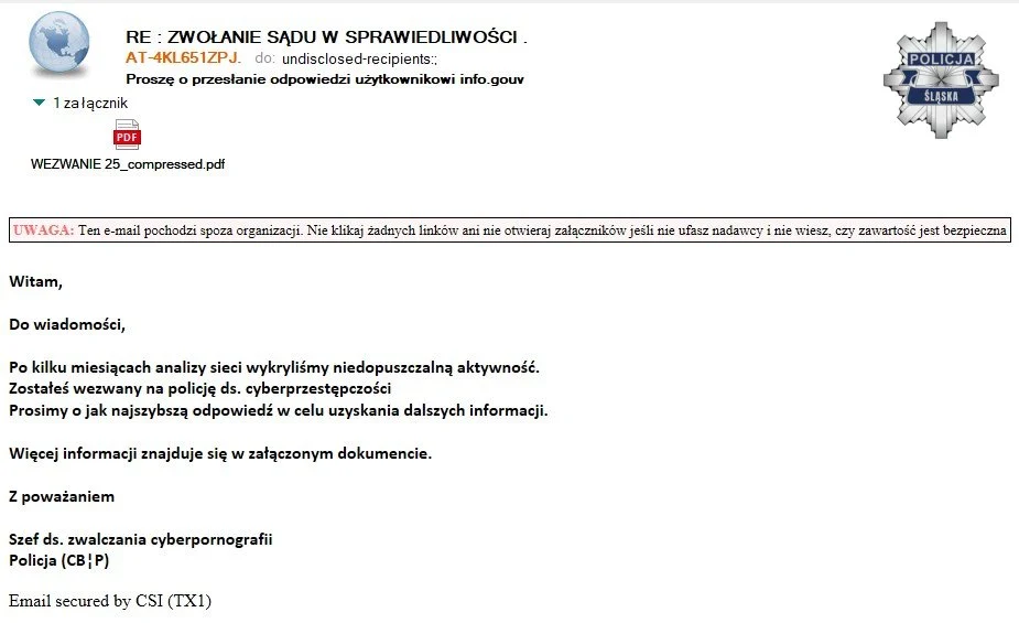 Uwaga na fałszywe e-maile „wezwanie na policję” – oszuści podszywają się pod Europol i polską Policję / fot. Policja Śląska