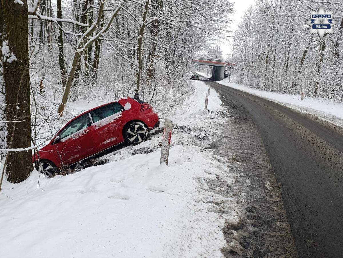 26-latek wypadł z drogi na ‘ślimaku’. Policja z Mikołowa apeluje o ostrożność w zimowych warunkach
