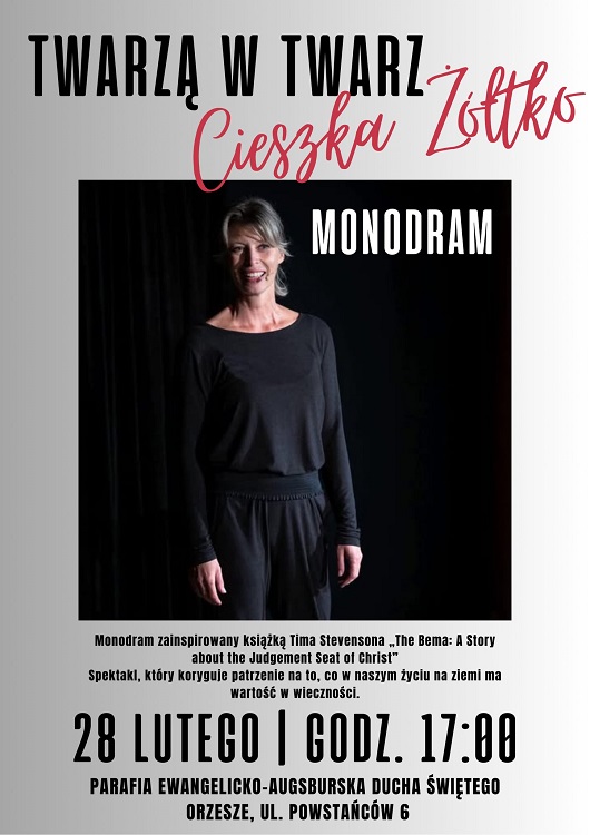 Cieszka Żółtko z monodramem w Orzeszu. „Twarzą w twarz” już 28 lutego / fot. FB Parafia Ewangelicko-Augsburska Ducha Świętego w Orzeszu