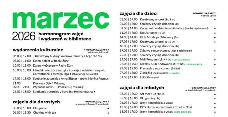 Harmonogram zajęć i wydarzeń w Miejskiej Bibliotece Publicznej w marcu 2026