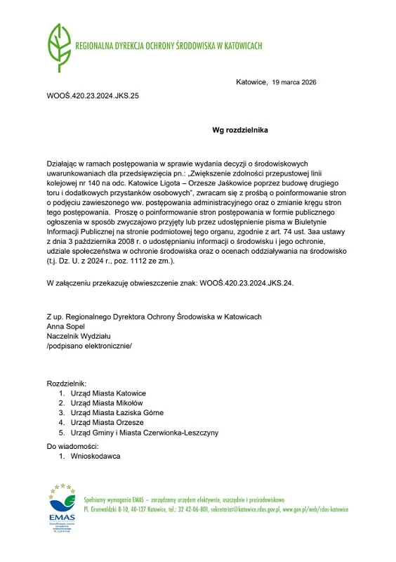 Wraca sprawa rozbudowy linii 140. RDOŚ wznowił postępowanie / fot. UM Orzesze