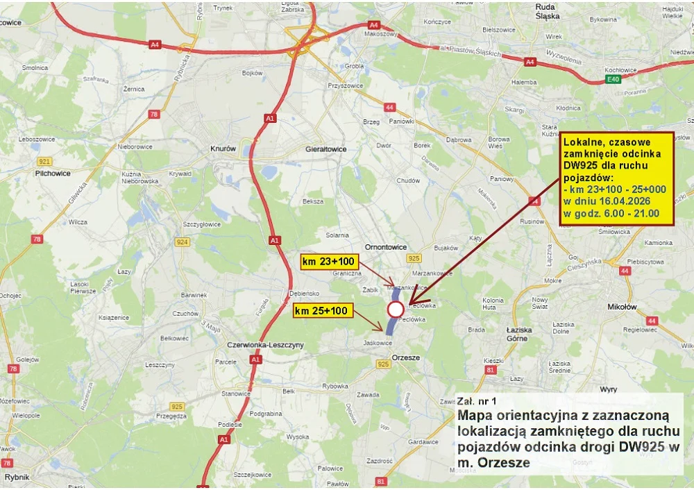 Utrudnienia i zamknięcia na DW925 w Orzeszu. Znamy dokładny harmonogram