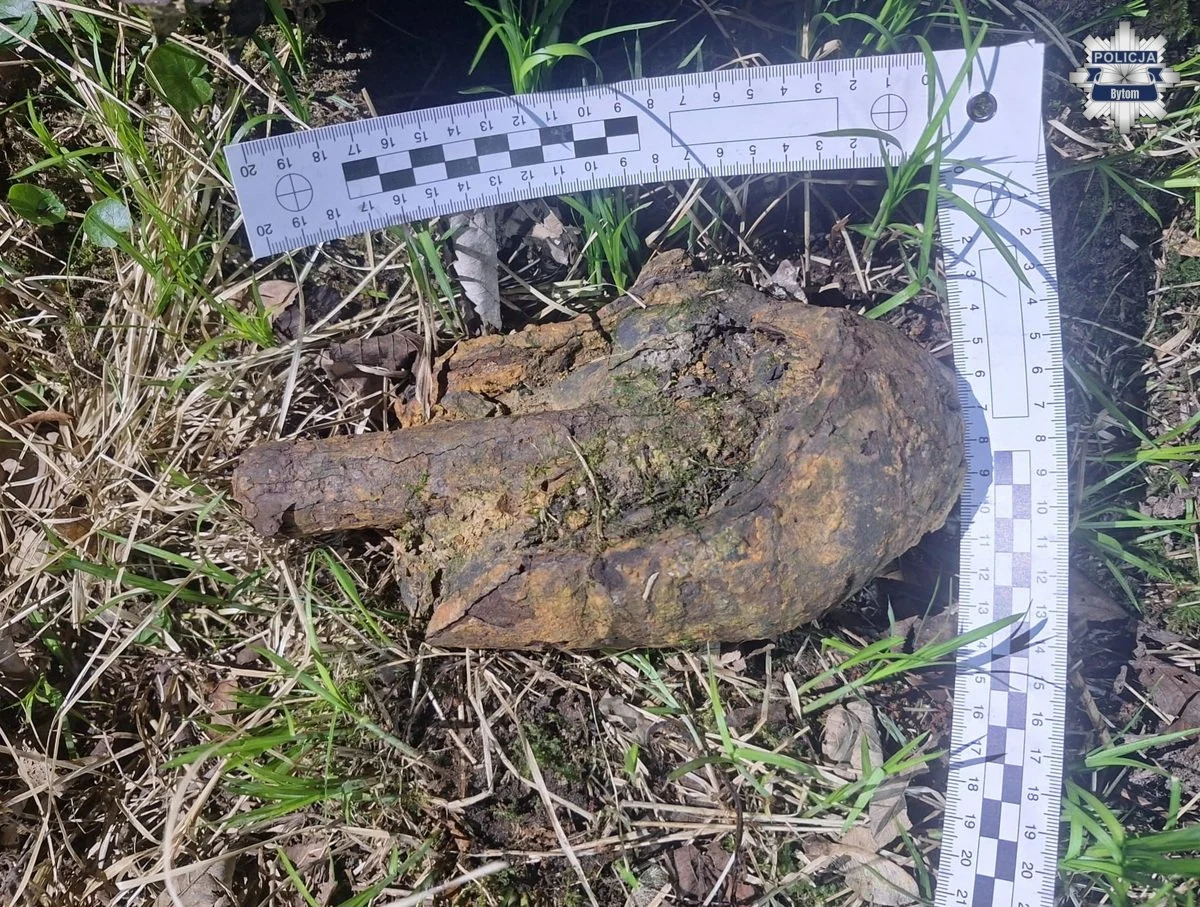 Niewybuch w lesie w Bytomiu. Policja zabezpieczyła pocisk z czasów II wojny światowej / fot. KMP Bytom