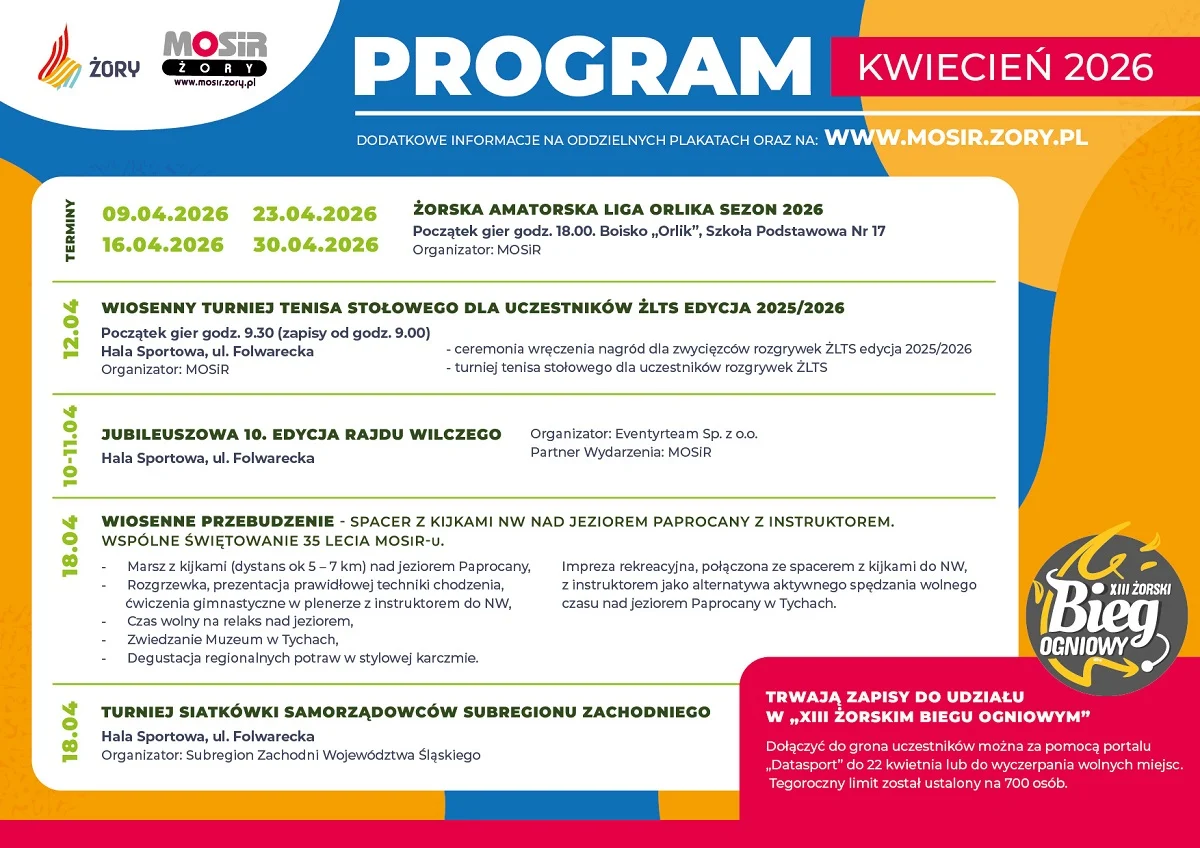 Kwiecień pełen aktywności w Żorach. MOSiR pokazał program