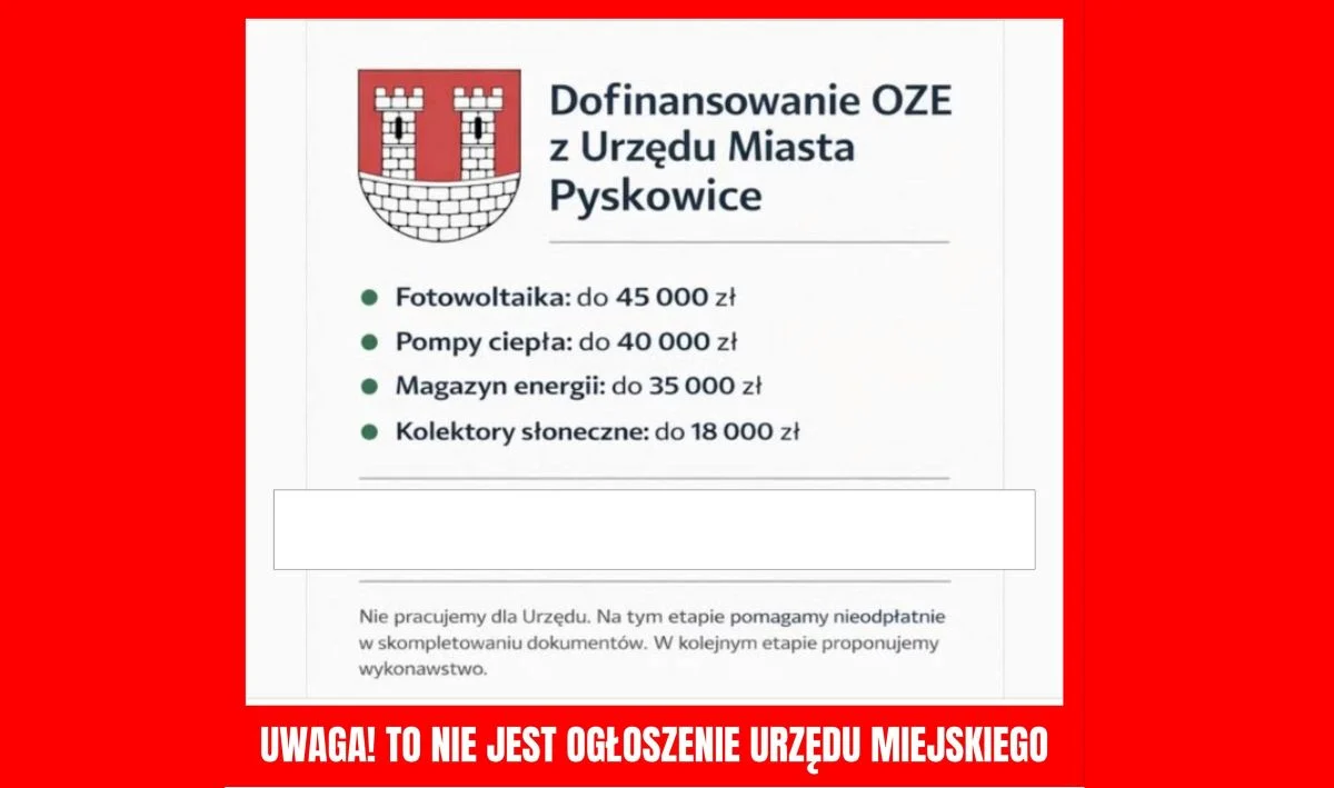 Pyskowice ostrzegają przed fałszywą informacją o dofinansowaniu OZE