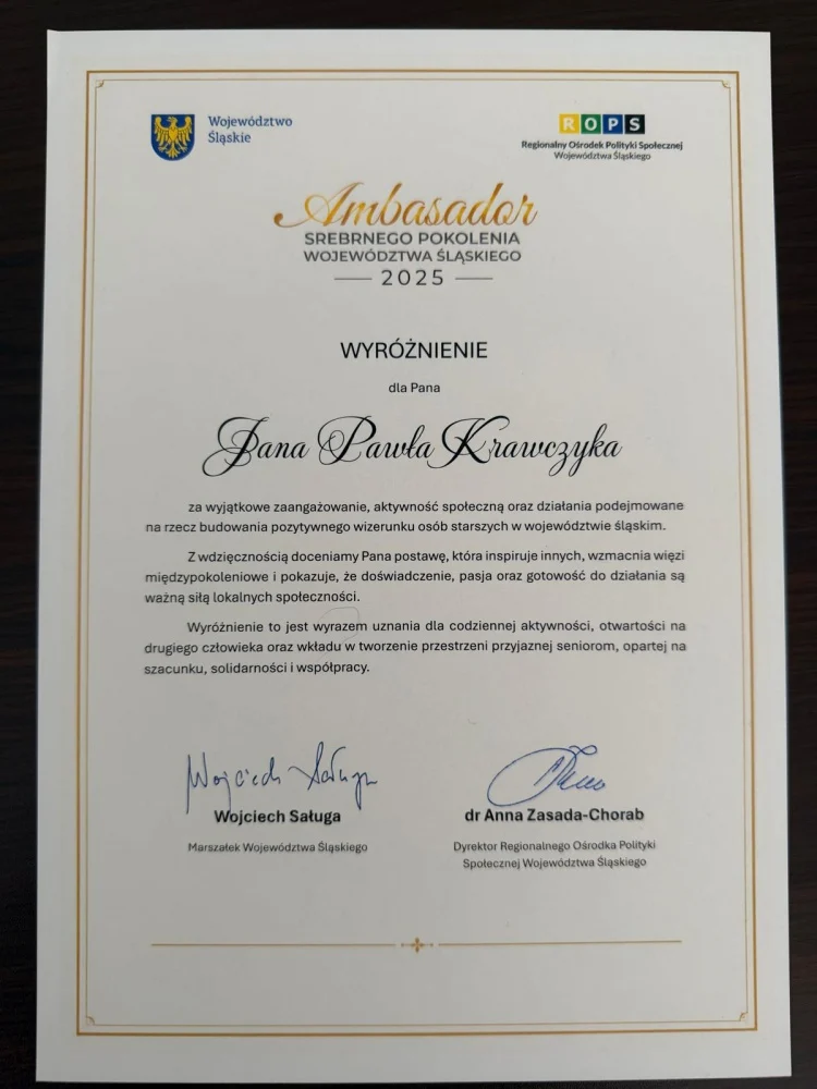 Jan Krawczyk z Rudy Śląskiej wyróżniony w konkursie Ambasador Srebrnego Pokolenia 2025 / fot. FB Anna Krzysteczko