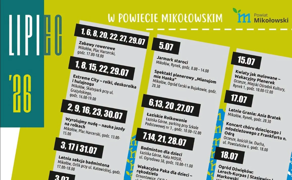 Lipcowy harmonogram wydarzeń w powiecie mikołowskim. Koncerty, sport i kino