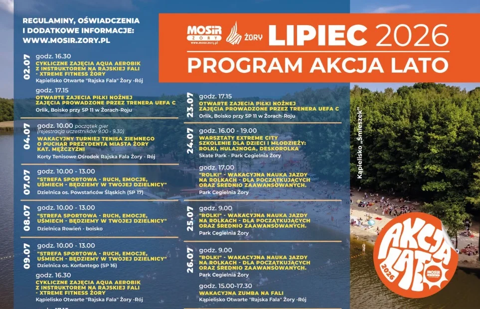 Akcja Lato 2026 w Żorach. Aqua aerobik, rolki, piłka i wydarzenia nad wodą