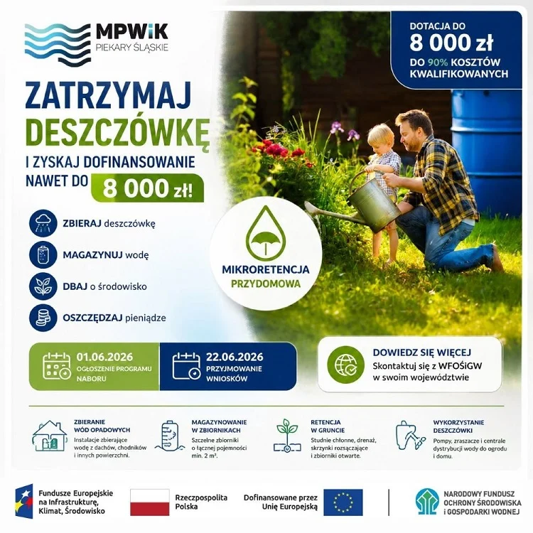 Nawet 8 000 zł na deszczówkę. Mieszkańcy Piekar Śląskich mogą skorzystać z nowego programu / fot. UM Piekary Śląskie