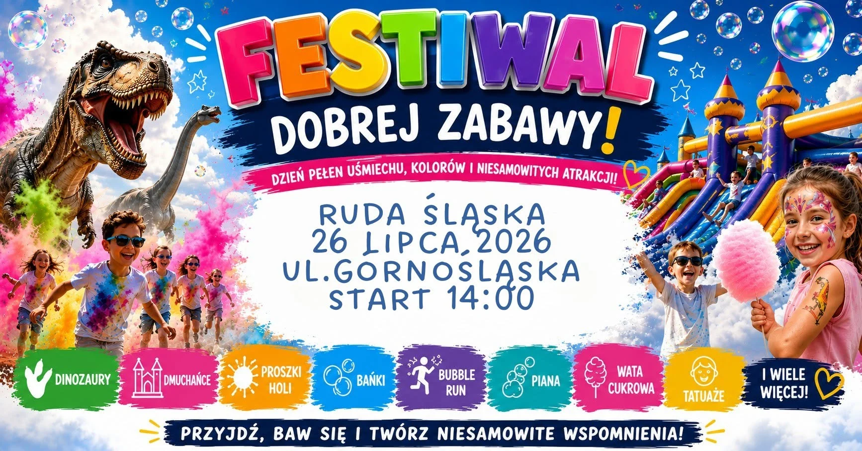 Kolory Holi, Bubble Run i dinozaur. Przed nami Festiwal Dobrej Zabawy przy ul. Górnośląskiej