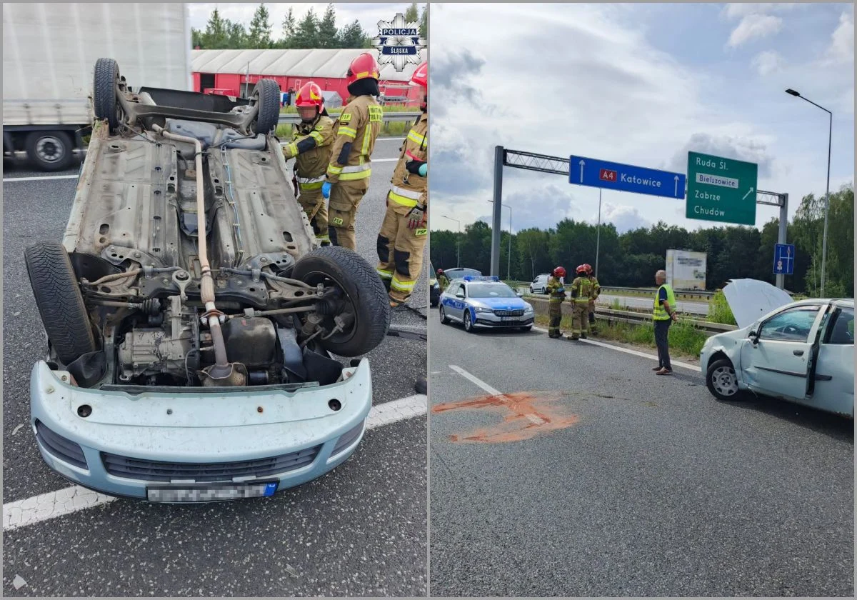 Dachowanie na A4 w Zabrzu. Kolizja ciężarówki i dwóch osobówek przed Sośnicą