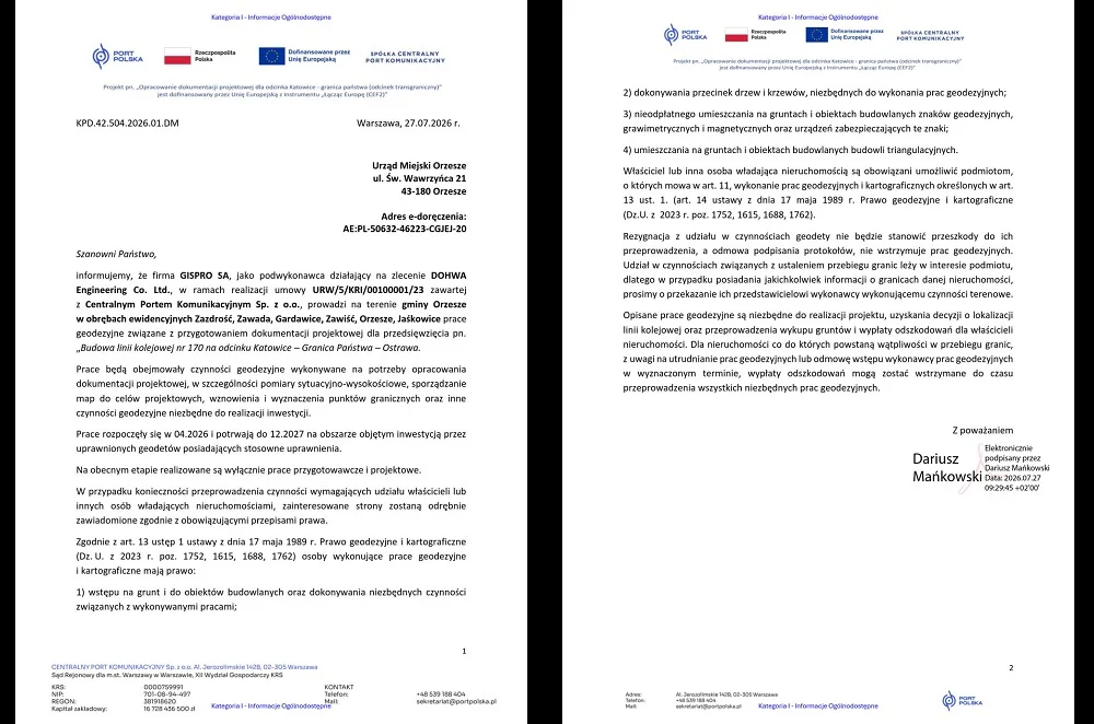Geodeci wejdą na nieruchomości w Orzeszu. Chodzi o projekt linii Katowice–Ostrawa