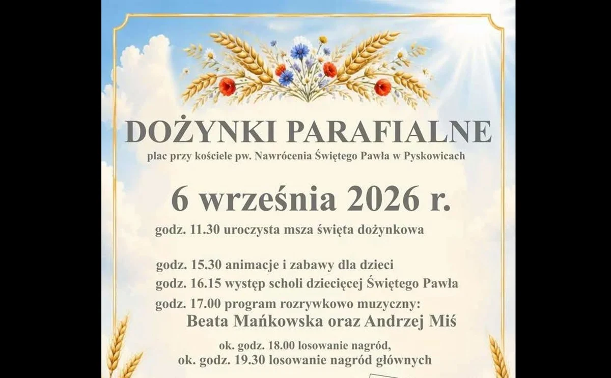 Dożynki Parafialne w Pyskowicach 2026. Atrakcje, koncert i losowanie nagród