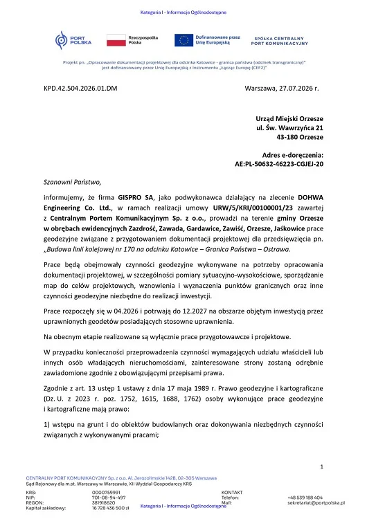 Geodeci wejdą na nieruchomości w Orzeszu. Chodzi o projekt linii Katowice–Ostrawa / fot. UM Orzesze